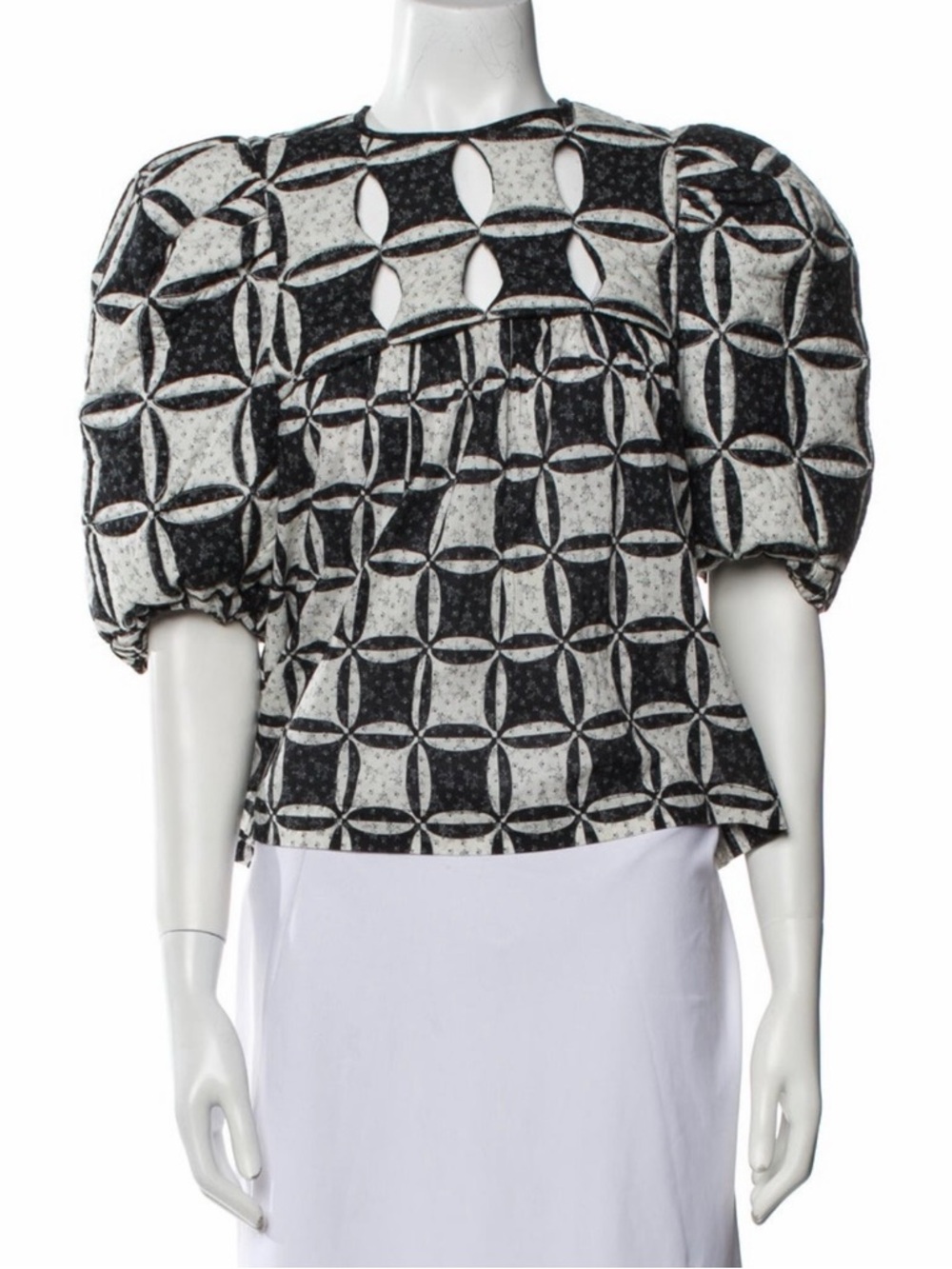 Sea New York Black and White Geometric Puff-Sleeve Blouse